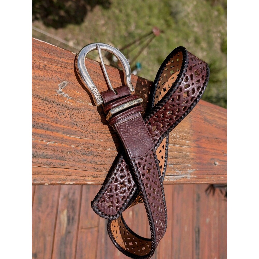 Brighton Dark Brown Leather Belt Lacing Cut Out Western Silver Buckle MED B20238 - Picture 3 of 6